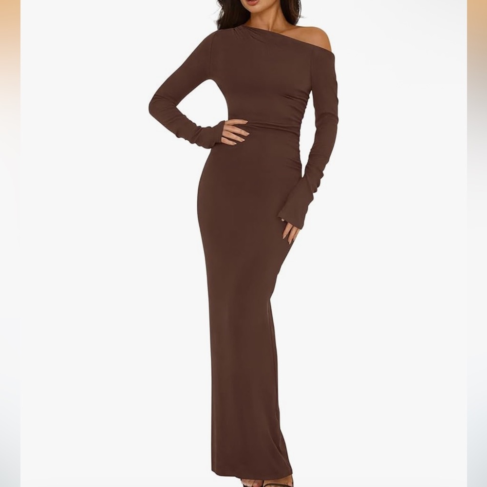Btfbm Brown Off-Shoulder Maxi Dress